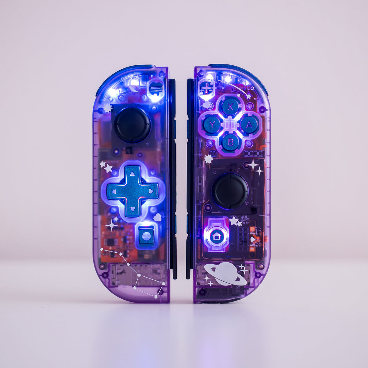 Custom Joy-Cons Stars Comets & Constellations Atomic Purple with Color-Shifting LED Buttons Clear Nintendo Switch Controllers